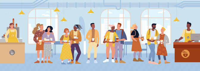 Cashier, barista standing behind counters, serving customers at cafe, restaurant. Students, teenagers, girl, boys keeping trays food, drinks lining up to pay at checkout. Vector flat illustration.