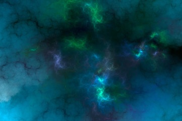 Abstract background of neon blue and green lightnings. Fractal pattern for creativity and design.