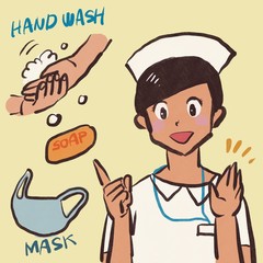 看護師の女性と、手洗いと石鹸とマスク