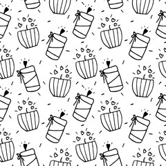 Seamless pattern candles with hearts white background. Doodle, simple outline illustration. It can be used for decoration of textile, paper and other surfaces.