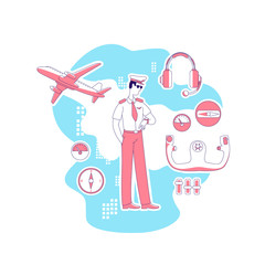 Pilot thin line concept vector illustration. Male aviator looking at watch, man in uniform 2D cartoon character for web design. Aviation, international flight, transportation creative idea