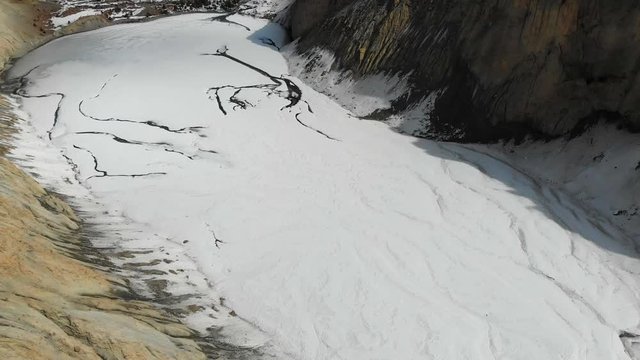 Drone view of frozen Gangapurna glacial moraine lake in winter in Manang Valley, Nepal.