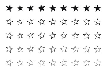 Hand drawn star icons set, various five pointed black outlined stars, vector illustration.