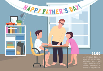 Happy father's day poster flat vector template. Dad help kids do homework. Children with parent. Brochure, booklet one page concept design with cartoon characters. Family celebration flyer, leaflet
