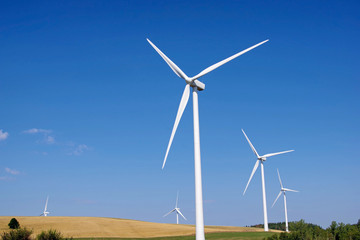 Fototapeta premium Low angle view of wind turbines in the countryside