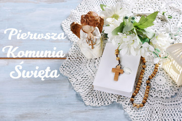 First Holy Communion background with text in polish translated as First Holy Communion