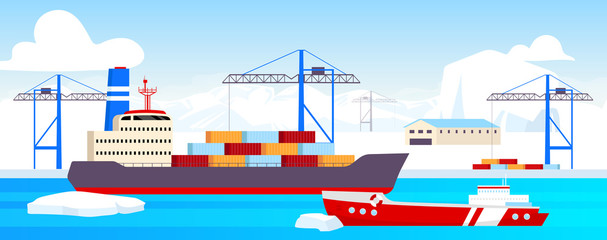 Polar shipyard flat color vector illustration. Industrial container yard at North Pole 2D cartoon landscape with glaciers on background. Arctic shipping center. Icebreaker docked at sea port © IMGvisualsCharacters