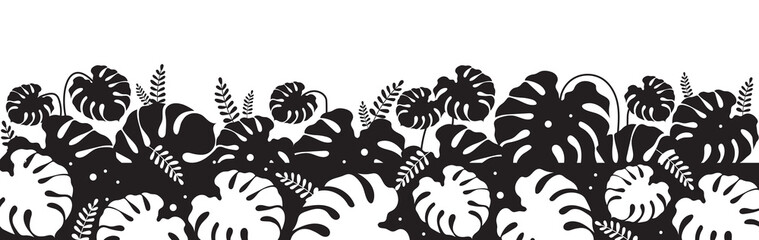 Tropical foliage black silhouette vector illustration. Monstera leaf. Philodendron decoration. Wild shrubs and bushes. Exotic monochrome landscape. Subtropical leaves 2d cartoon shape © IMGvisualsCharacters