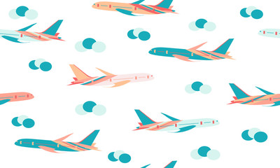 Seamless pattern with blue-green and orange color airplane and blue-green cloud. For fabric,T-shirt,textile,wrapping cloth,silk scarf,bandana,swimwear.