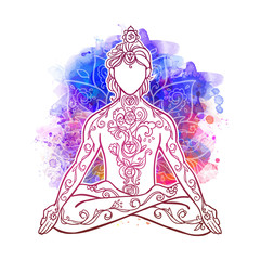 Ornamental man in a yoga pose Ornament beautiful card with yoga man