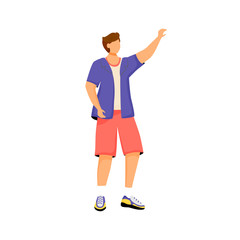 Man in casual clothes flat color vector faceless character. Guy raising hand up, young boy wearing summer clothing isolated cartoon illustration for web graphic design and animation