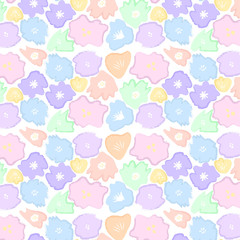 Pattern of cute abstract flower's shapes with lovely pastel colors on white ground.
