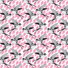 Vintage flying birds in monotone with pink abstract leaves ground.
