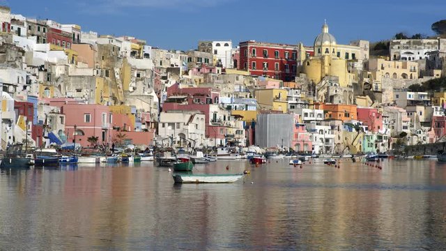 Procida, Naples, Italy. Panoramic shot of motley colored fishing village on the island. UHD