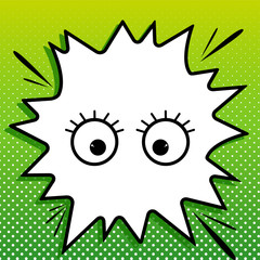 Cartoon eyes with eyelashes. Black Icon on white popart Splash at green background with white spots. Illustration.