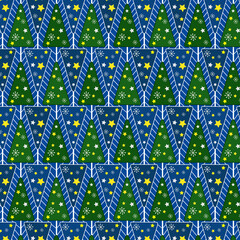 Triangle shaped blue and green Christmas tree with scattered stars and snowflakes ,white tree branch line on blue ground.
