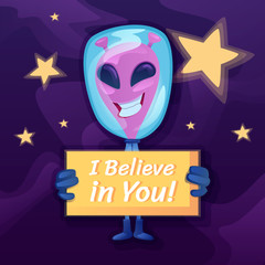 I believe in you social media post mockup. Inspirational phrase. Web banner design template. Martian with banner booster, content layout with inscription. Poster, print ads and flat illustration