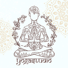 Ornamental man in a yoga pose Ornament beautiful card with yoga man