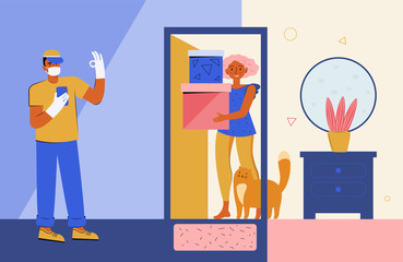 Safe contactless delivery to home. Courier in a protective medical mask and gloves delivers a box with an order to the door of an apartment, house. Safe distance. Online purchases during a quarantine.