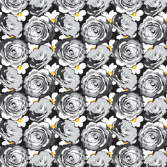 Vintage monotone camellia rose pattern with yellow highlight.