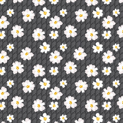 Scattered white camellia with abstract oval dot leaf shape in grey ground.