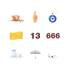 Bad and good fortune symbols flat color vector objects set. Different superstitions 2D isolated cartoon illustrations on white background. Broken cup, crossed fingers, lucky ticket and spilled salt