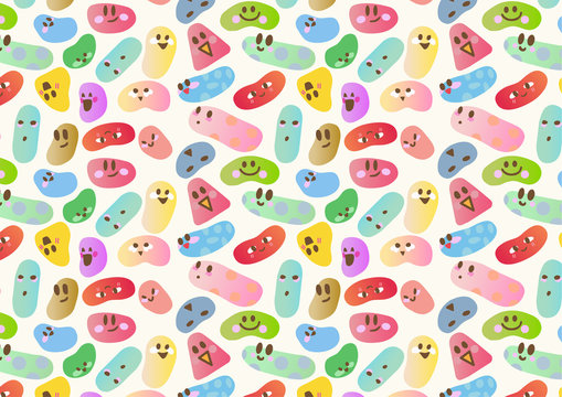 The image of assorted lovely jelly beans pattern with assorted emotion face expression, colorful, funny shapes.