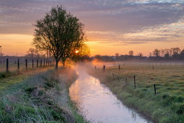 sfeervolle zonsopkomst tijdens de lente aan de beek in Menen