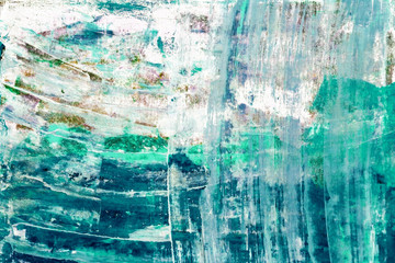 Abstract art background. Acrylic painting. Fragment of the canvas. Multicolor green texture. Modern Art.	