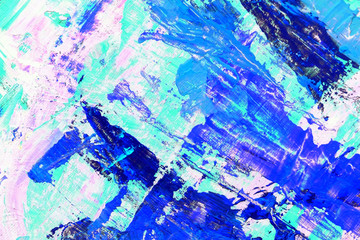 Abstract art background. Acrylic painting. Fragment of the canvas. Multicolor blue texture. Modern Art.	