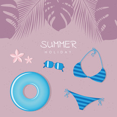 blue and purple summer beach design with bikini and sunglasses vector illustration EPS10