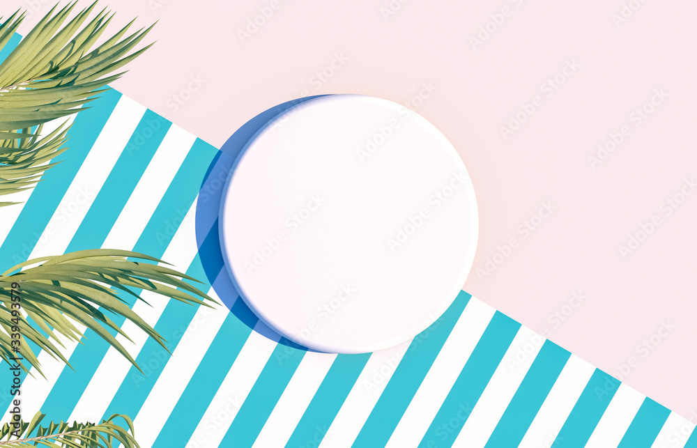 Aufkleber natural empty white cylinder box on summer scene background with tropical palm leaves. for cosmetic 