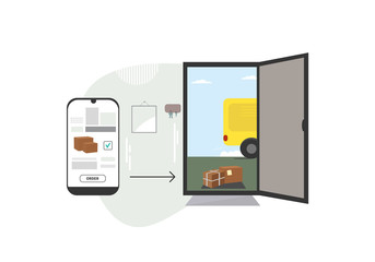The concept of contactless home delivery via an online order. The concept of contactless home delivery via the Internet order. A box of goods at the front door and next to a smart phone