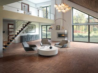 Salón moderno con mobiliario de lujo a doble altura con escalera	suelo 3