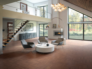 Salón moderno con mobiliario de lujo a doble altura con escalera	suelo 1