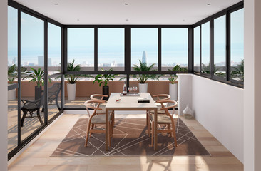 Comedor  con grandes ventanales con vistas a la ciudad