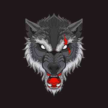 Wolf Head with scar in black background