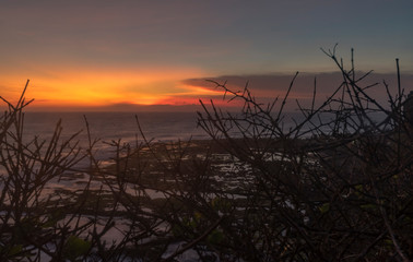 Beautiful vivid orange sunset or sunrise seen from bushes while camping on a west Java coast, Indonesia