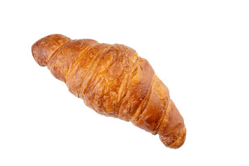 Photo of fresh golden croissants isolated on white background. Top view.