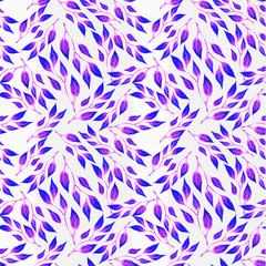 image of small leaves on a branch. violet, pink, lilac, blue?purple. Autumn, spring, summer drawing seamless
