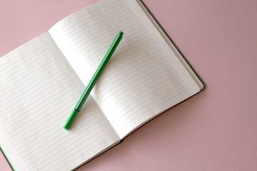 white copybook with pen on punchy pastel pink. Working desk. Copy space. Top view. Flat lay. Female accessories for target planning.