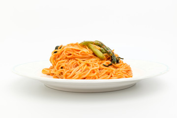 Noodles with radish on a white background