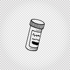 Medicine doodle objects. Simple hand drawn vial of pills. Vector illustration.