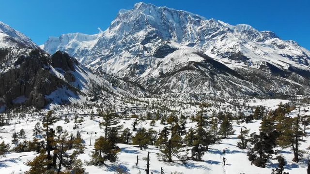 Aerial shot of a person trekking in-front of mount Annapurna three circuit in Manang Valley, Nepal during winter.