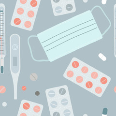 Protective mask, Pills in blisters thermometers medical seamless pattern.  Vector illustration. Concept for healthcare and medicine symbol.