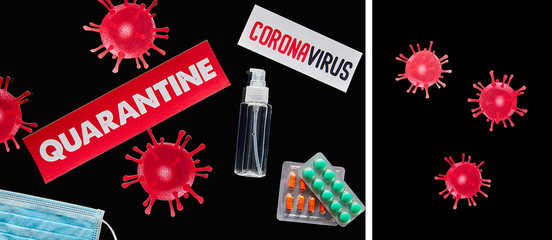 collage of papers with quarantine and coronavirus lettering near medical mask, pills, hand sanitizer and drawn virus isolated on black - Powered by Adobe
