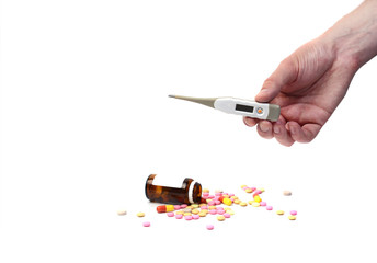 medicines, protective mask, thermometer, hand isolated on white background