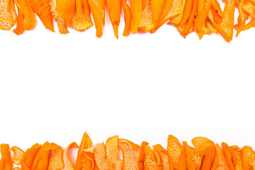 Dried orange peels isolated on a white background, copy space
