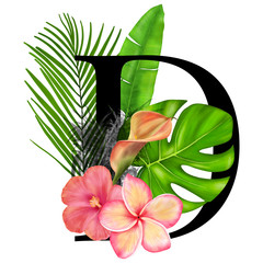 Letter D. Tropical Decoration Alphabet Logo With Tropical Flowers And Leaves  © PawStudioArt