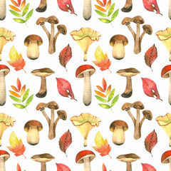 Watercolor seamless pattern with mushrooms, fall leaves, pumpkies, branches, berry and other plants. Natural autumn forest background ideal for baby fabric and wrapping paper